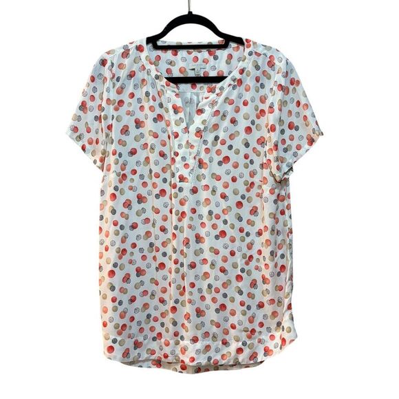 2/$30 Talbots Shirt Womens Medium White Multicolor Polka Dot Blouse Short Sleeve - Picture 1 of 7